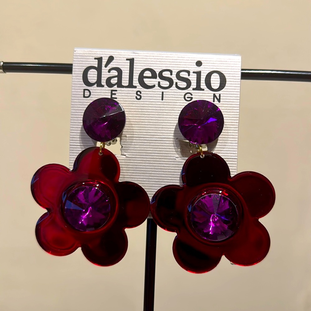 Vintage Style Dalessio Design Red & Purple Flower Dangle Clip On Earrings